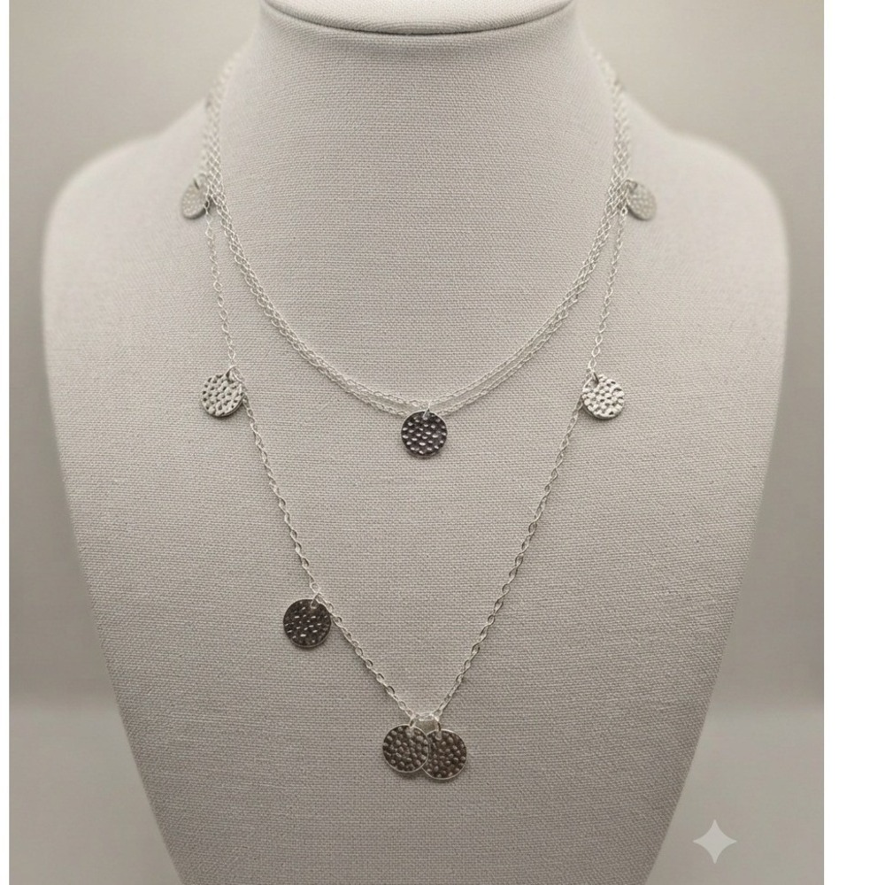 Daisy Fuentes Silver Tone Double Strand Hammered Coin Disc Charm Necklace